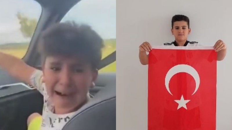 Türk bayrağını gören gurbetçi çocuk gözyaşlarını tutamadı