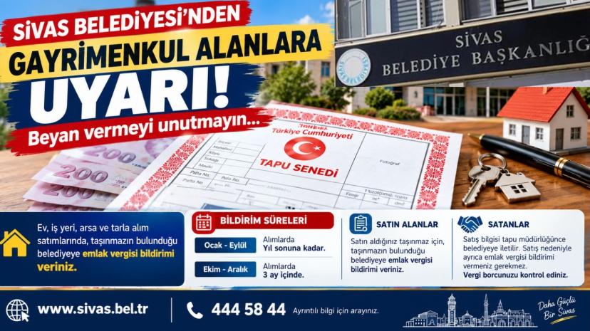 Sivas Belediyesi’nden Gayrimenkul Alanlara Uyarı: Kanuni Süresi İçerisinde Bildirimde Bulunmayı Unutmayın!